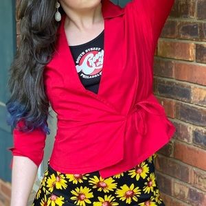 Vintage 80s Wrap 3/4 Length Sleeve Top Red Size Large